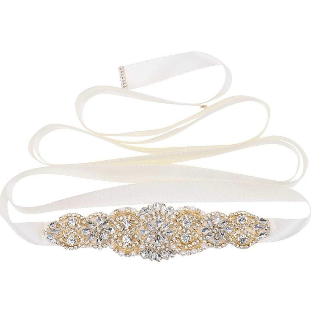 Tendaisy Crystal Rhinestone Faux Pearl Wedding Belt Cream Satin Ribbon Sash New